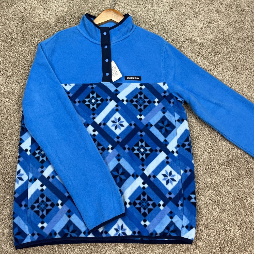 Lands End Pullover Womens Small 6-8 Blue Fleece Snap Neck Snowflake Geometric